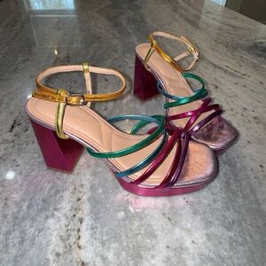 NWOT Jellypop Women's 8 Wedge Block Heels Metallic Strappy 4" Platform Open Toe